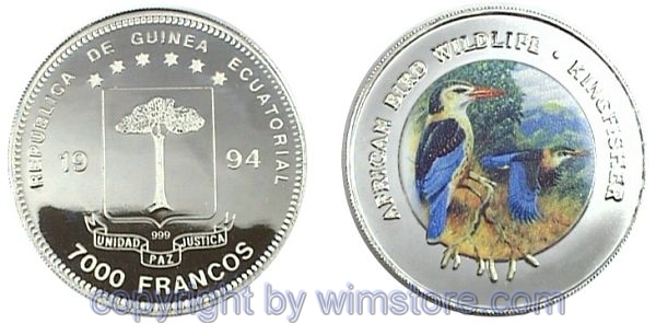 Äquatorial Guinea, 7000 Francs 1994, Königsfischer, KM 98, Silber, PP, mit Kapsel