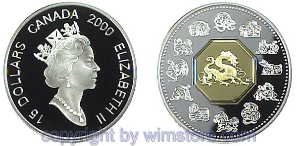 s3224 Kanada, 15 Dollars 2000, Drache, KM 387, Silber, PP, mit Kapsel