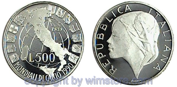 Italien, 500 Lire 1989, Fußball WM, KM 134, Silber, PP, mit Kapsel