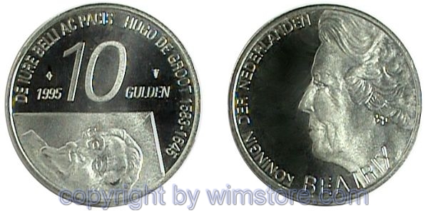 Niederlande, 10 Gulden 1995, Hugo Grotius, KM 220, Silber