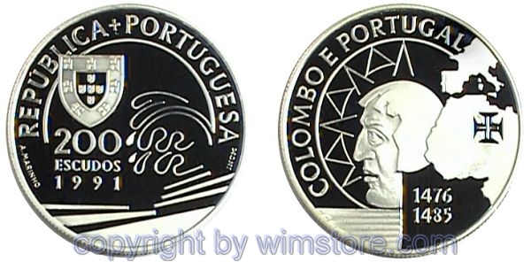 Portugal, 200 Escudos 1991, Kolumbus in Portugal, KM 658a, Silber, PP, mit Kapsel