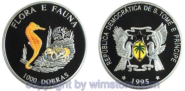 St. Thomas & Prince Is., 1000 Dobras 1995, Seepferdchen, KM 78, Silber, PP, mit Kapsel