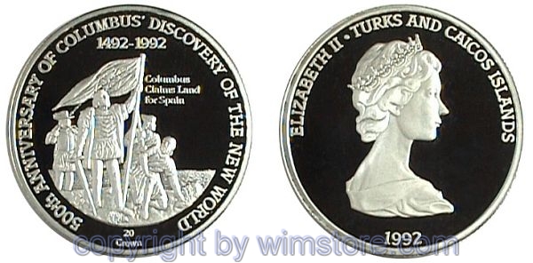 Turks & Caicos Inseln, 20 Crowns 1992, Landnahme, KM 130.1, Silber, PP, mit Kapsel