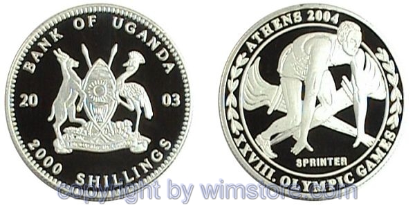 Uganda, 2000 Shillings 2003, Läufer, KM 205, Silber, PP2 (fleckig u. angelaufen), mit Kapsel