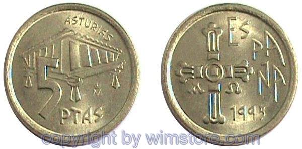 Spanien, 5 Pesetas 1995, Asturien, KM 946, Alu/Ni/Bro