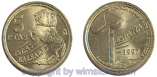 Spanien, 5 Pesetas 1997, Balearen, KM 981, Alu/Ni/Bro