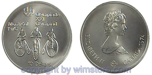 s3825 Kanada, 10 Dollars 1974, (III) Hochradfahren, KM 95, Silber, st