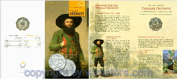 2. Republik, 5 Euro 2009, Tiroler Freiheit 1809, Silber, handgehoben, Blister