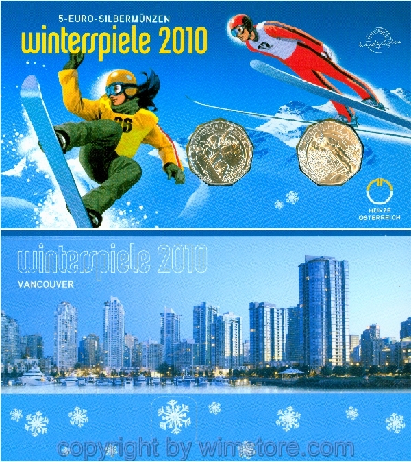 2. Republik, 5 Euro 2010, (2x) Snowboard, Schisprung, Silber, handgehoben, Blister