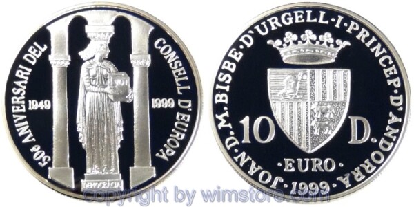 Andorra, 10 Diners 1999, Europarat, KM 153, Silber, PP, mit Kapsel