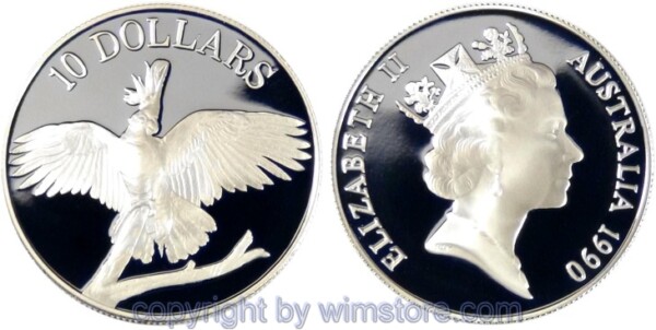 Australien, 10 Dollars 1990, Australische Vogelwelt - Gelbhaubenkakadu, KM 136, Silber, PP, mit Kapsel