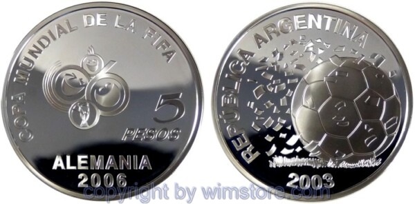 Argentinien, 5 Pesos 2003, Fußball WM 2006, KM 143, Silber, PPII, mit Kapsel