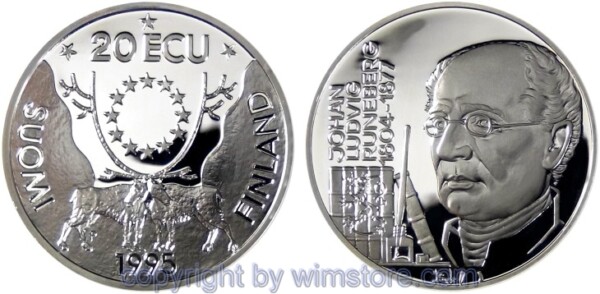 Finnland, 20 Ecu, 1995, Runeberg, Silber, PP, mit Kapsel