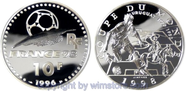 Frankreich, 10 Francs 1996, Fußball WM, KM 1166, Silber, PP, mit Kapsel