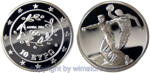 Griechenland, 10 Euro 2004, Oly. Discuswerfer, KM 191, Silber, PP2, mit Kapsel