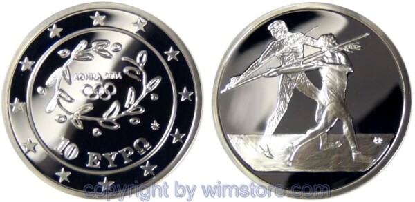 s3999 Griechenland, 10 Euro 2004, Oly. Speerwerfer, KM 193, Silber, PP, mit Kapsel