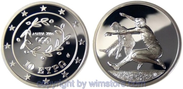 Griechenland, 10 Euro 2004, Oly. Weitspringer, KM 194, Silber, PP, mit Kapsel