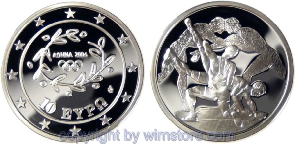 Griechenland, 10 Euro 2004, Oly. Ringkämpfer, KM 203, Silber, PP, mit Kapsel