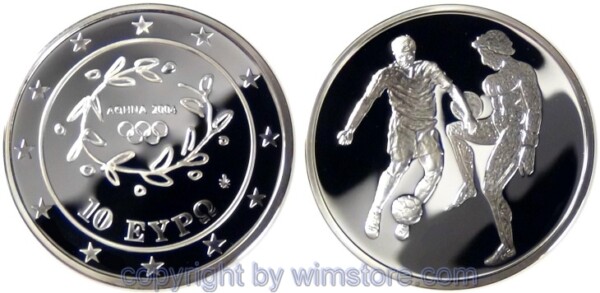 Griechenland, 10 Euro 2004, Oly. Fußballspieler, KM 206, Silber, PP, mit Kapsel