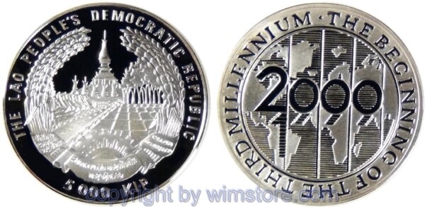 s4023 Laos, 5000 Kip 2000 (1999), KM 93, Silber, PP, mit Kapsel