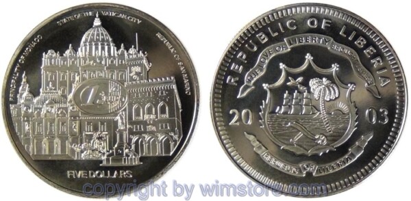 Liberia, 5 Dollars 2001, Eurowährung, Ku/Ni, st