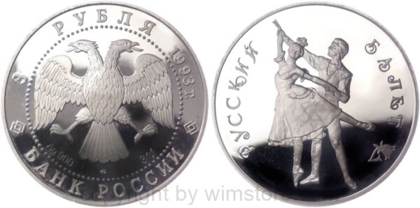 Russland, 3 Rubel 1993, Bolshoi Ballett, Y 323, Silber, PP, mit Kapsel