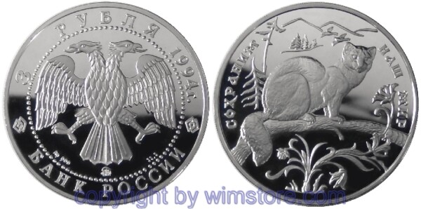 s4140 Russland, 3 Rubel 1994, Zobel auf Ast, Y 460, Silber, PP, mit Kapsel