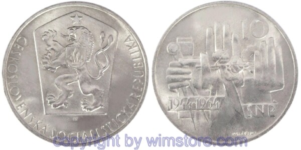 Tschechoslowakei, 10 Korun 1964, 20 Jahre Slowakischer Aufstand, KM 56, Silber