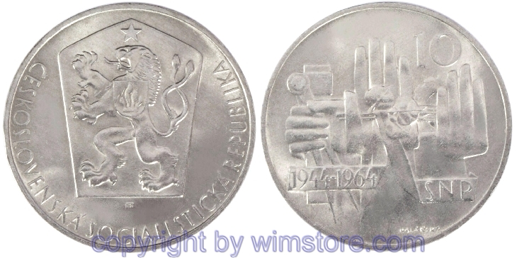 Tschechoslowakei, 10 Korun 1964, 20 Jahre Slowakischer Aufstand, KM 56, Silber
