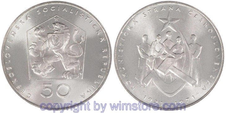 Tschechoslowakei, 50 Korun 1971, 50 Jahre Tschechoslowakische Kommunistische Partei, KM 71, Silber