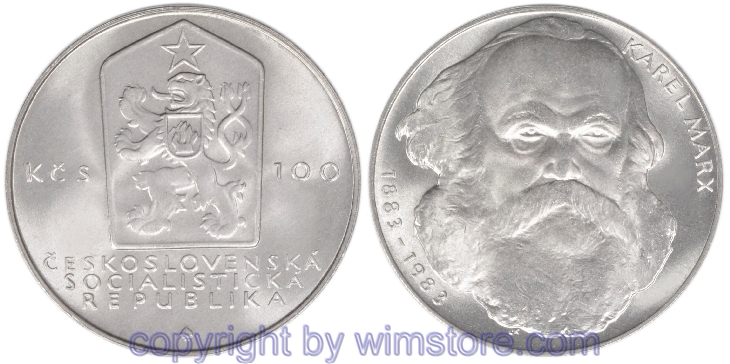 Tschechoslowakei, 100 Korun 1983, Karl Marx, KM 108, Silber