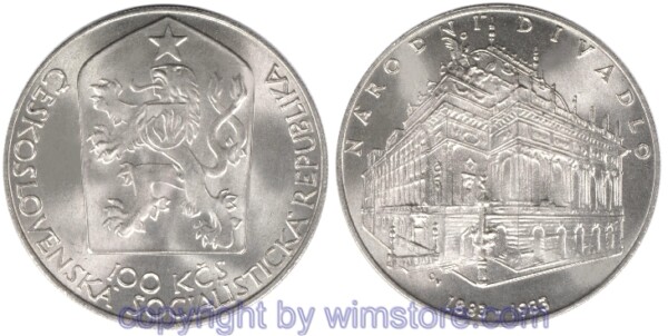 Tschechoslowakei, 100 Korun 1983, Nationaltheater, KM 111, Silber