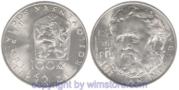 Tschechoslowakei, 100 Korun 1984, Jan Neruda, KM 114, Silber