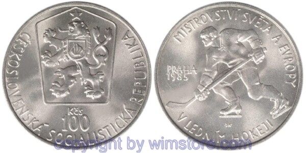 s4388_2 Tschechoslowakei, 100 Korun 1985, Eishockey WM, KM 117, Silber