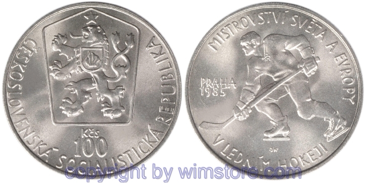 Tschechoslowakei, 100 Korun 1985, Eishockey WM, KM 117, Silber