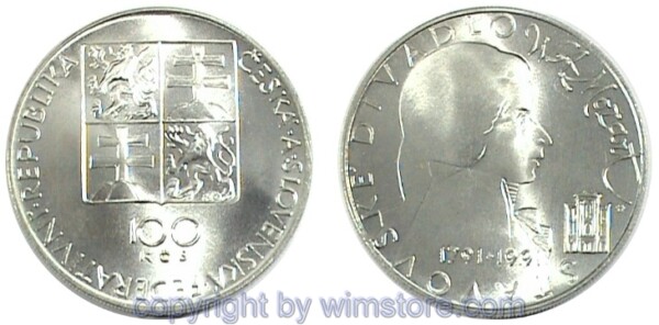 s4521 CSFR, 100 Korun 1991, Wolfgang Amadeus Mozart, KM 154, Silber
