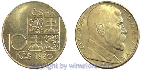 CSFR, 10 Korun 1990, 1993, Thomás Masaryk, KM 139, Ni-Bro