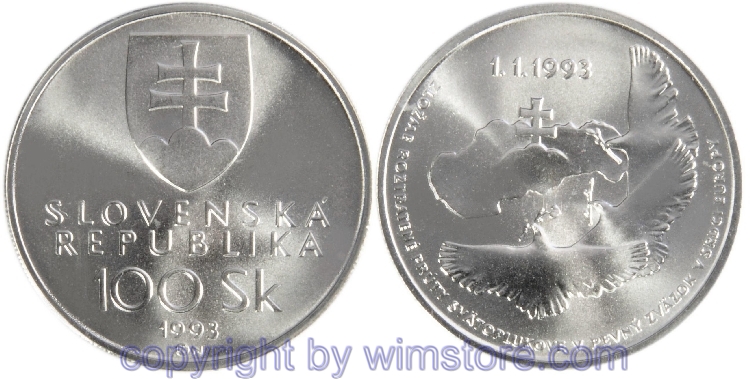 Slowakei, 100 Korun 1993, Ausrufung der Slowakischen Republik, KM 16, Silber