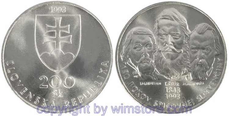 Slowakei, 200 Korun 1993, 150 Jahre slowakische Schriftsprache, KM 19, Silber