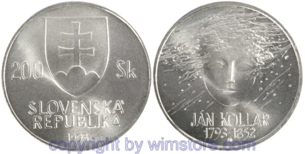 Slowakei, 200 Korun 1993, Ján Kollár, KM 20, Silber