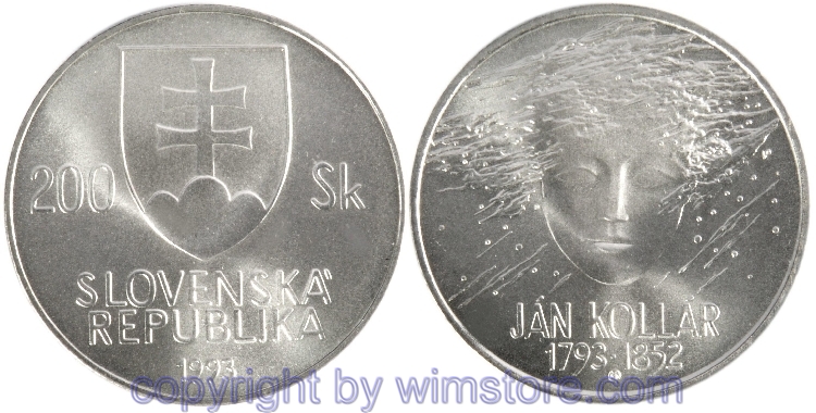 Slowakei, 200 Korun 1993, Ján Kollár, KM 20, Silber