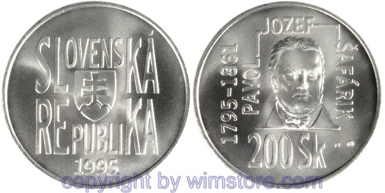 Slowakei, 200 Korun 1995, Pavol Jozef Safárik, KM 24, Silber