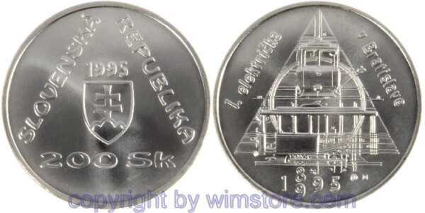 s4823 Slowakei, 200 Korun 1995, Strassenbahn, KM 27, Silber
