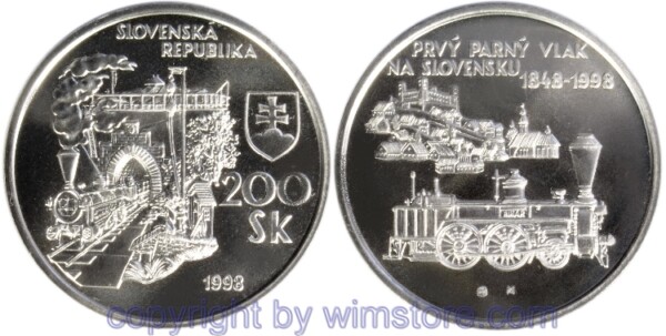 s4845 Slowakei, 200 Korun 1998, 150 Jahre Eisenbahn, KM 42, Silber