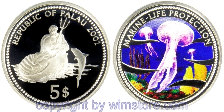 Palau, 5 Dollars 2001, Medusa, KM 53, Silber, PP, mit Kapsel
