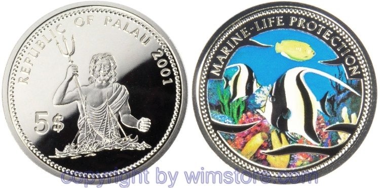 Palau, 5 Dollars 2001, Halfterfische, KM 75, Silber, PP, mit Kapsel