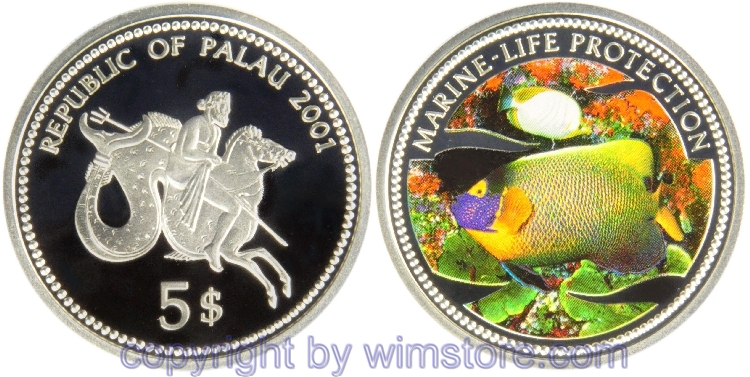 Palau, 5 Dollars 2001, Fische, KM 76, Silber, PP, mit Kapsel