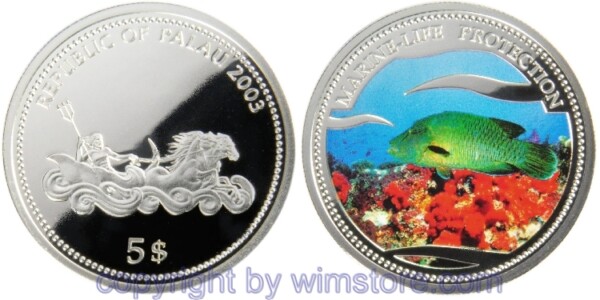 Palau, 5 Dollars 2003, Napoleonfisch, KM 106, Silber, PP, mit Kapsel