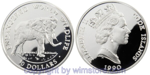Cook Inseln, 50 Dollars 1990, Afrikanischer Elefant, KM 53, Silber, PP, mit Kapsel