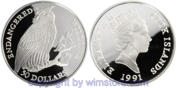 Cook Inseln, 50 Dollars 1991, Uhu, KM 93, Silber, PP, mit Kapsel